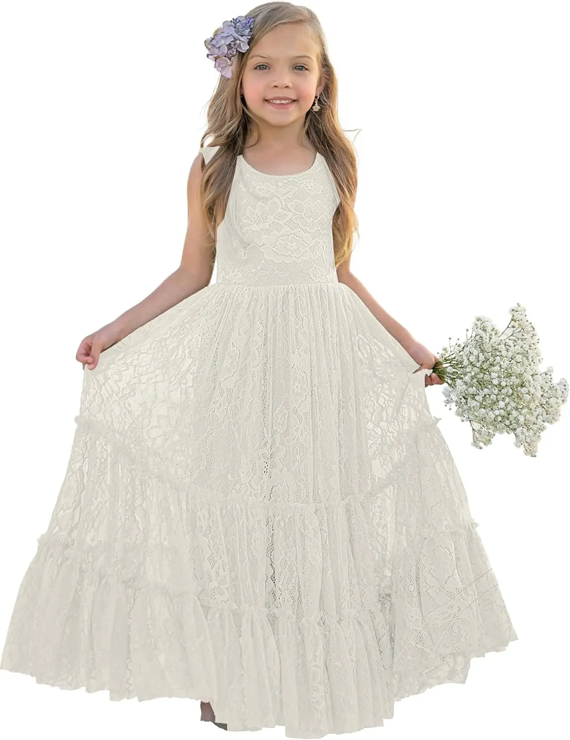 Blumenmädchenkleid Spitze Boho Kleinkindkleider Rüschen Mädchenkleid für Hochzeit Gartenparty Urlaub Kommunion Ärmellos Prinzessin 