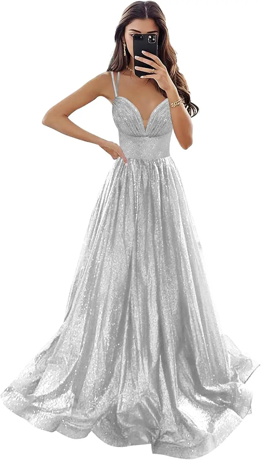 Vestido de fiesta de tul brillante con bolsillos, tirantes finos, corsé fruncido, largo, formal, para noche, vestidos de fiesta para mujer, noche 