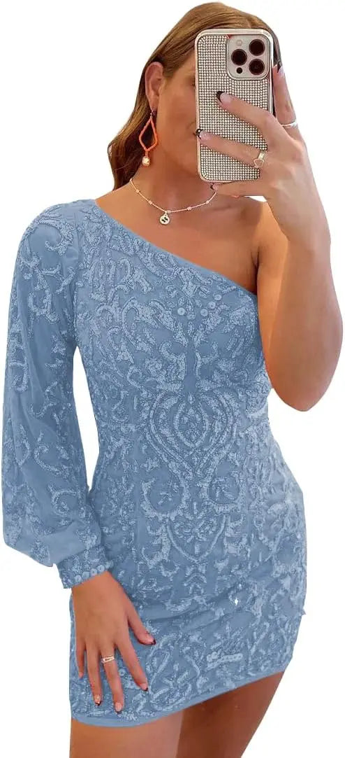 Vestidos de fiesta de encaje con lentejuelas brillantes para adolescentes, mangas abullonadas, un hombro, minivestido de cóctel para graduación, vestidos de noche 