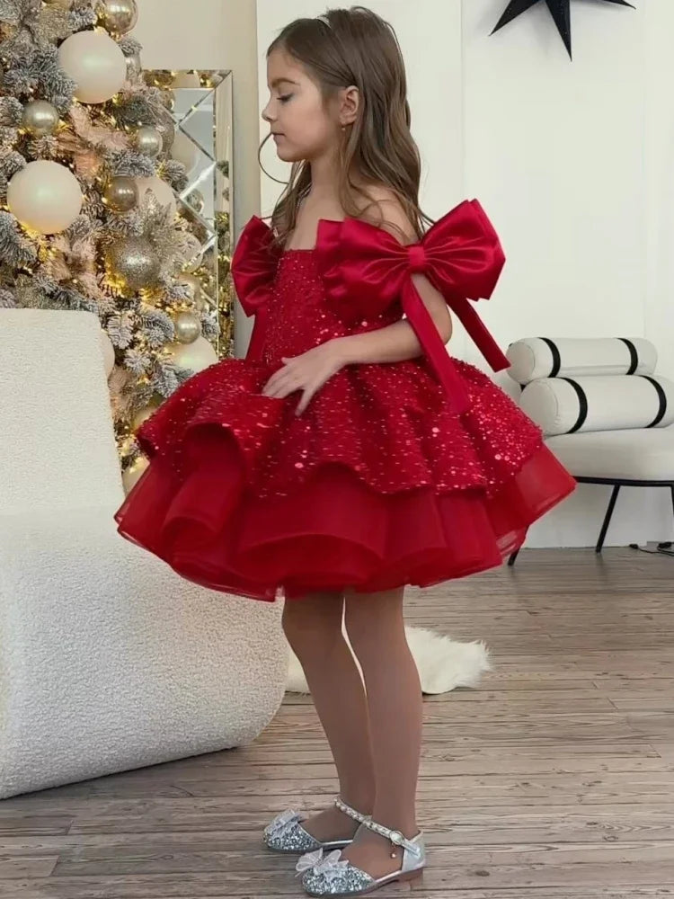 Pink Tulle Sequin With Bow Sleeveless For Wedding Prom Birthday Party Banquet Holy Communion Gown Customized Flower Girl Dress