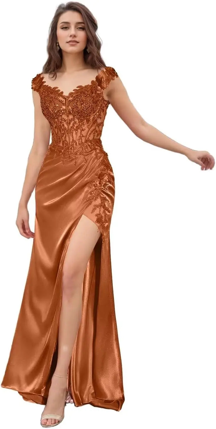 Elegant Satin Prom Dresses for Women Long 2025 3D Flower Lace Applique Off Shoulder Formal Evening Wedding Party Gown with Slit