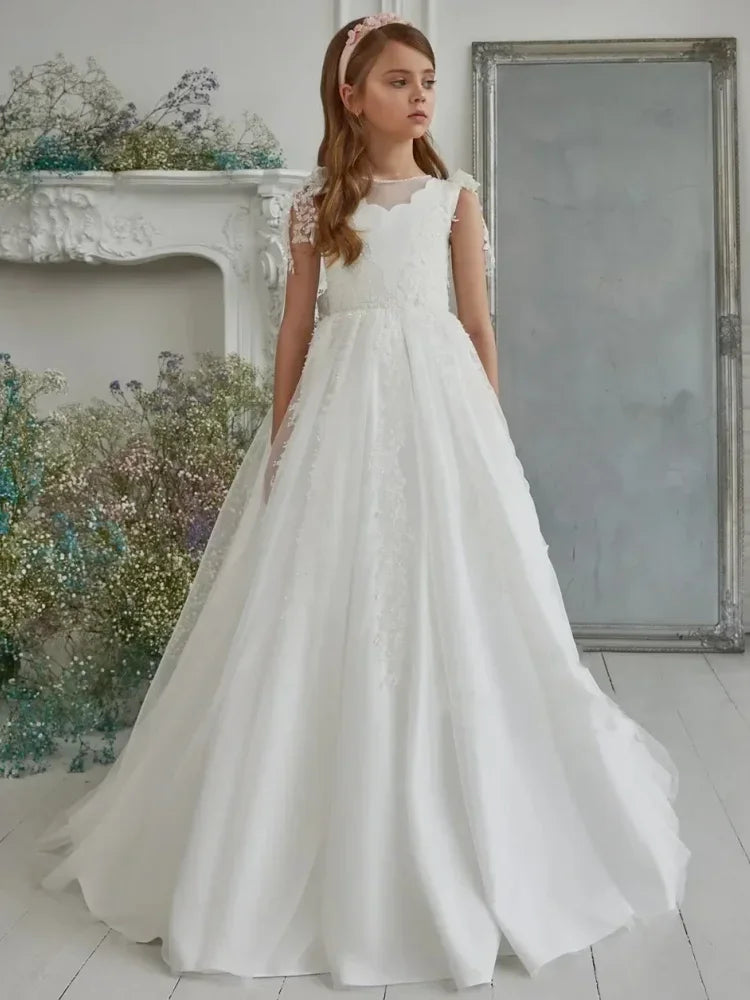 Hoher Kragen Schleife Kommunionkleid Blumenmädchenkleider Blumenmädchenkleider Hochzeit Kinder Ballkleid Puffy Kleider für Mädchen 
