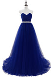 A-line Strapless Tulle Royal Blue Evening Dresses Lace Up Crystal Sequin Formal Party For Bride Sexy Prom Gown Wedding Party