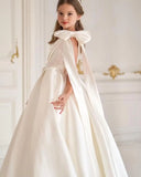 One-Shoulder-Satin-Blumenmädchenkleider, lange Festzugskleider für Mädchen, Ballkleid mit Schleife, Prinzessinnenkleid, Partykleider
