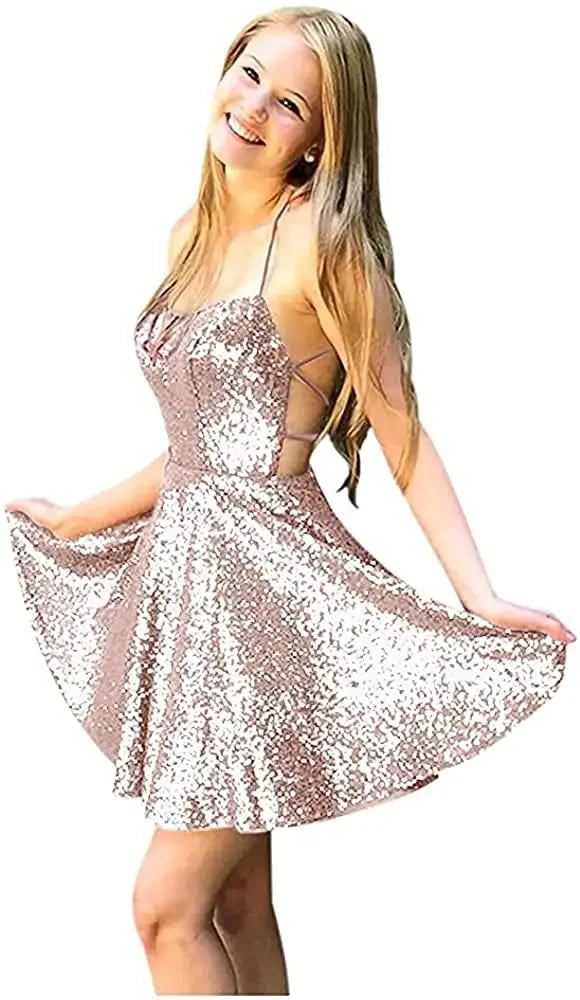 Vestidos de fiesta formales con cuello halter y lentejuelas para mujer, cortos, sin espalda, con lentejuelas azules, para cóctel 