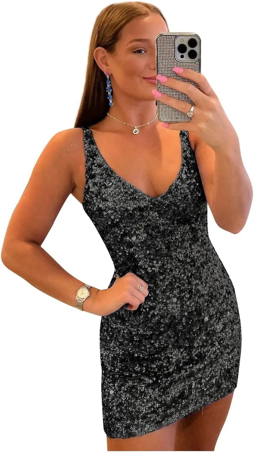 Kurze Pailletten-Heimkehrkleider für Teenager 2025 V-Ausschnitt funkelndes formelles Abschlussball-Partykleid Cocktailkleider Abschlussballkleider 