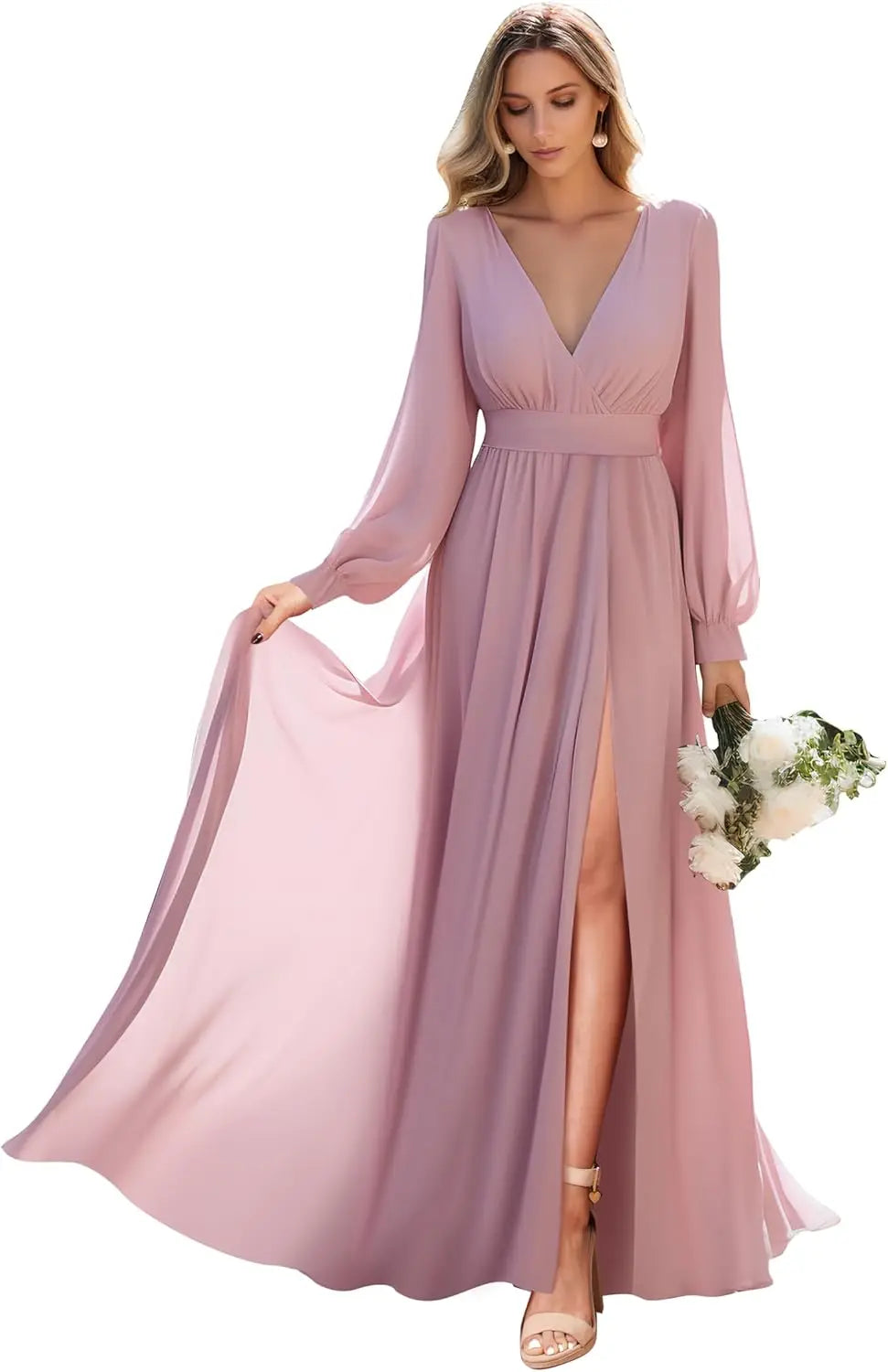 Long Sleeve Bridesmaid Dresses with Slit Pleated Wedding Party Gowns V Neck Chiffon Long Formal Dress evening dress