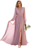 Long Sleeve Bridesmaid Dresses with Slit Pleated Wedding Party Gowns V Neck Chiffon Long Formal Dress evening dress