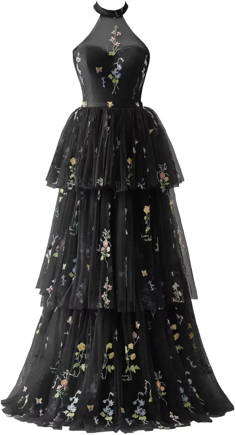 Vestidos de fiesta de tul para mujer con bordado de flores, corte A, largo hasta el suelo, vestidos formales de noche para fiesta 