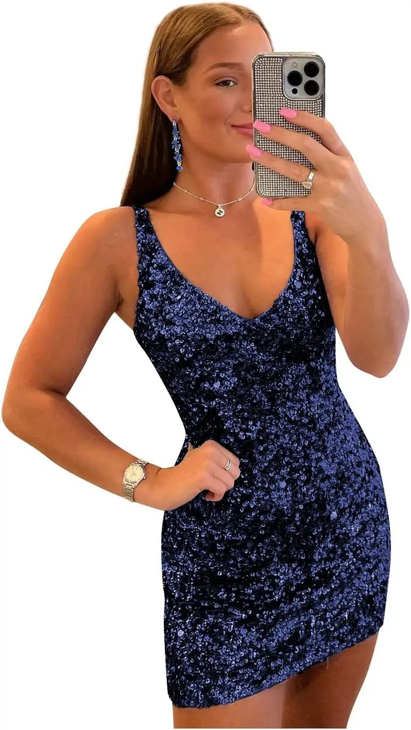 Kurze Pailletten-Heimkehrkleider für Teenager 2025 V-Ausschnitt funkelndes formelles Abschlussball-Partykleid Cocktailkleider Abschlussballkleider 