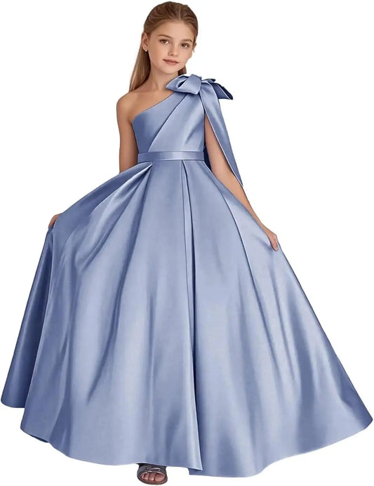 Vestidos de niña de flores de satén con un hombro descubierto, vestidos largos de desfile para niñas, vestido de baile con lazo, vestido de princesa, vestidos de fiesta 