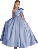 One-Shoulder-Satin-Blumenmädchenkleider, lange Festzugskleider für Mädchen, Ballkleid mit Schleife, Prinzessinnenkleid, Partykleider