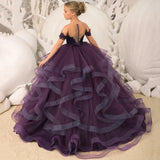 Grape Purple Floral Appliques Tiered With Trailing For Wedding Birthday Party Banquet Gown Customized Flower Girl Dresses