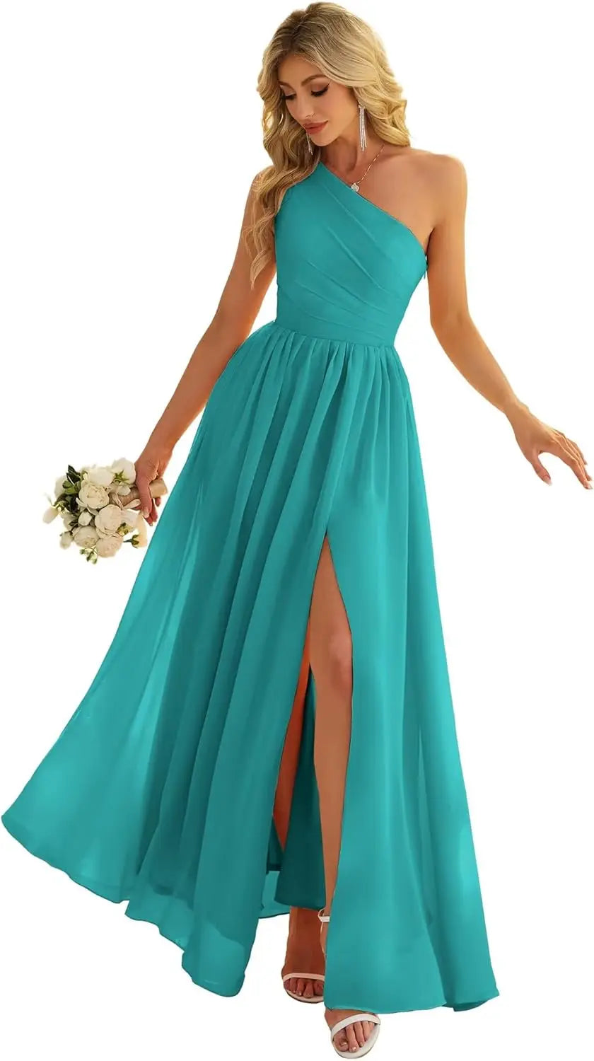 Women's One Shoulder Bridesmaid Dresses for Wedding Chiffon Side Split Reched Formal Evening Dress Sleeveless