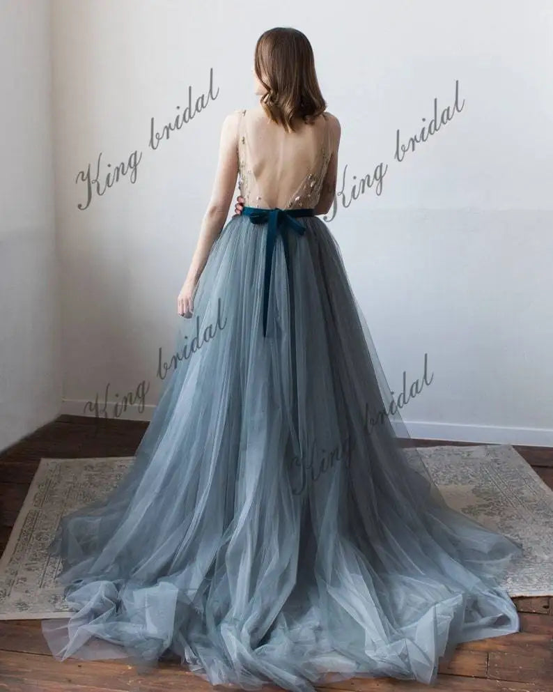 V-neck halter belt with bow Tulle bridal full dress, Bridal bow sash dress simple wedding dress bridal party evening dresses