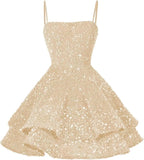 Kurze Pailletten-Heimkehrkleider für Teenager 2025, glitzernde Spaghettiträger, Sweet 16-Abschlussball-Cocktailkleid, Ballkleid, Partykleider 