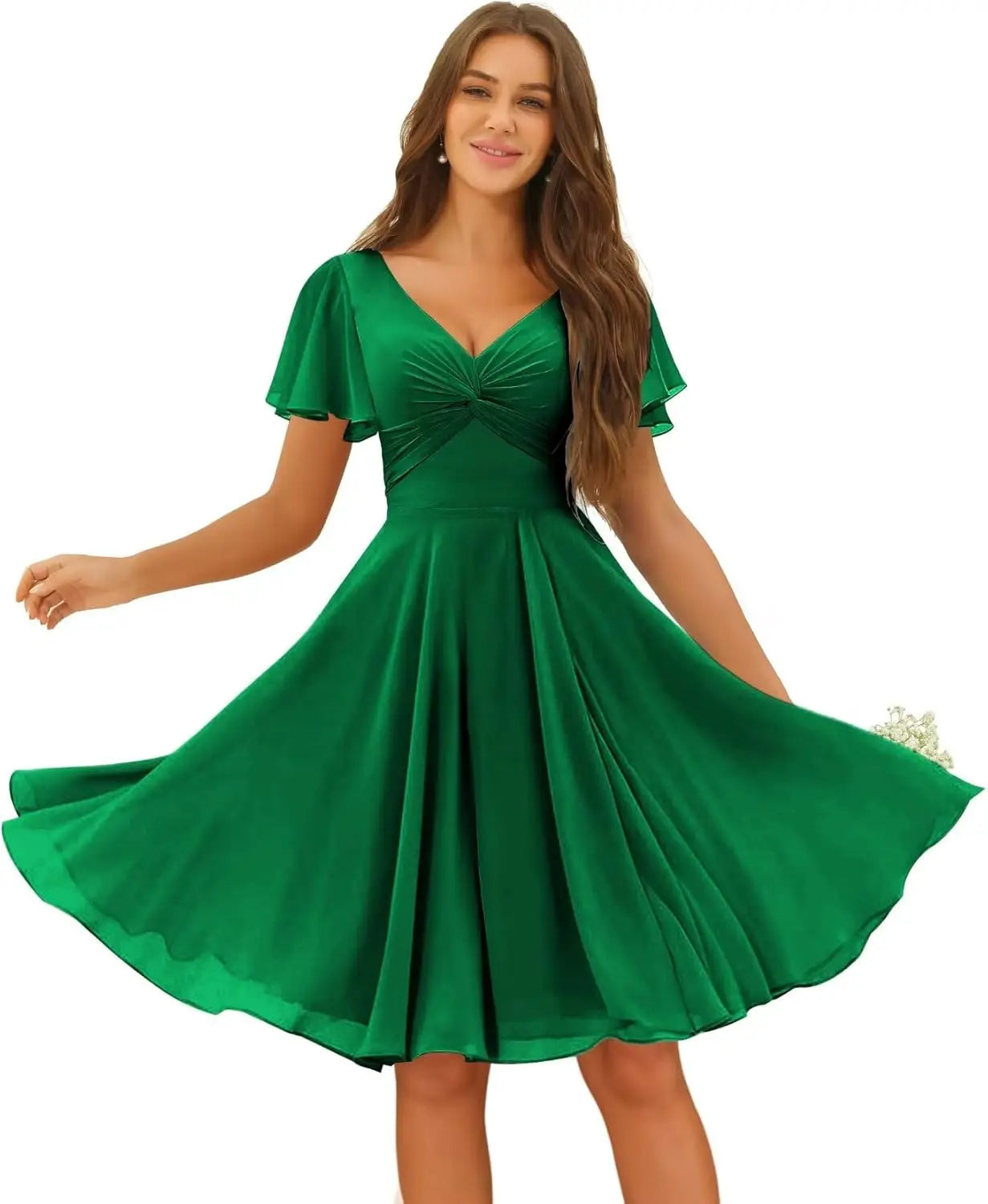 Women's Pleated Chiffon Flutter Sleeves Junior Bridesmaid Dresses with Pockets V Neck Short Formal Dress Wedding Party Gowns
