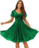 Women's Pleated Chiffon Flutter Sleeves Junior Bridesmaid Dresses with Pockets V Neck Short Formal Dress Wedding Party Gowns