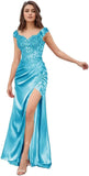 Elegant Satin Prom Dresses for Women Long 2025 3D Flower Lace Applique Off Shoulder Formal Evening Wedding Party Gown with Slit