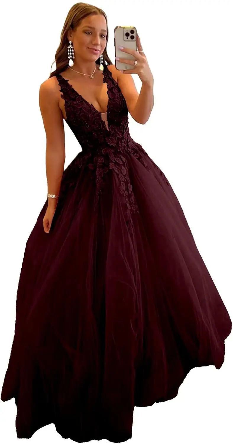 Tulle Prom Dresses for Women V Neck Applique Ball Gowns for Teens Women's Long Formal Evening Gowns with 3D Flower