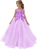 Festzugskleider für Mädchen, Spitzenapplikation, Blumenmädchenkleid, Tüll, Festzugskleid für Mädchen, lang, ärmellos, Prinzessinnen-Party-Ballkleid 