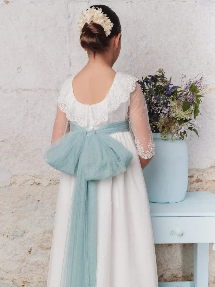 Apliques de encaje blanco con lazo, medias mangas para bodas, fiestas de cumpleaños, banquetes, vestidos de princesa y vestidos de niña de las flores. 