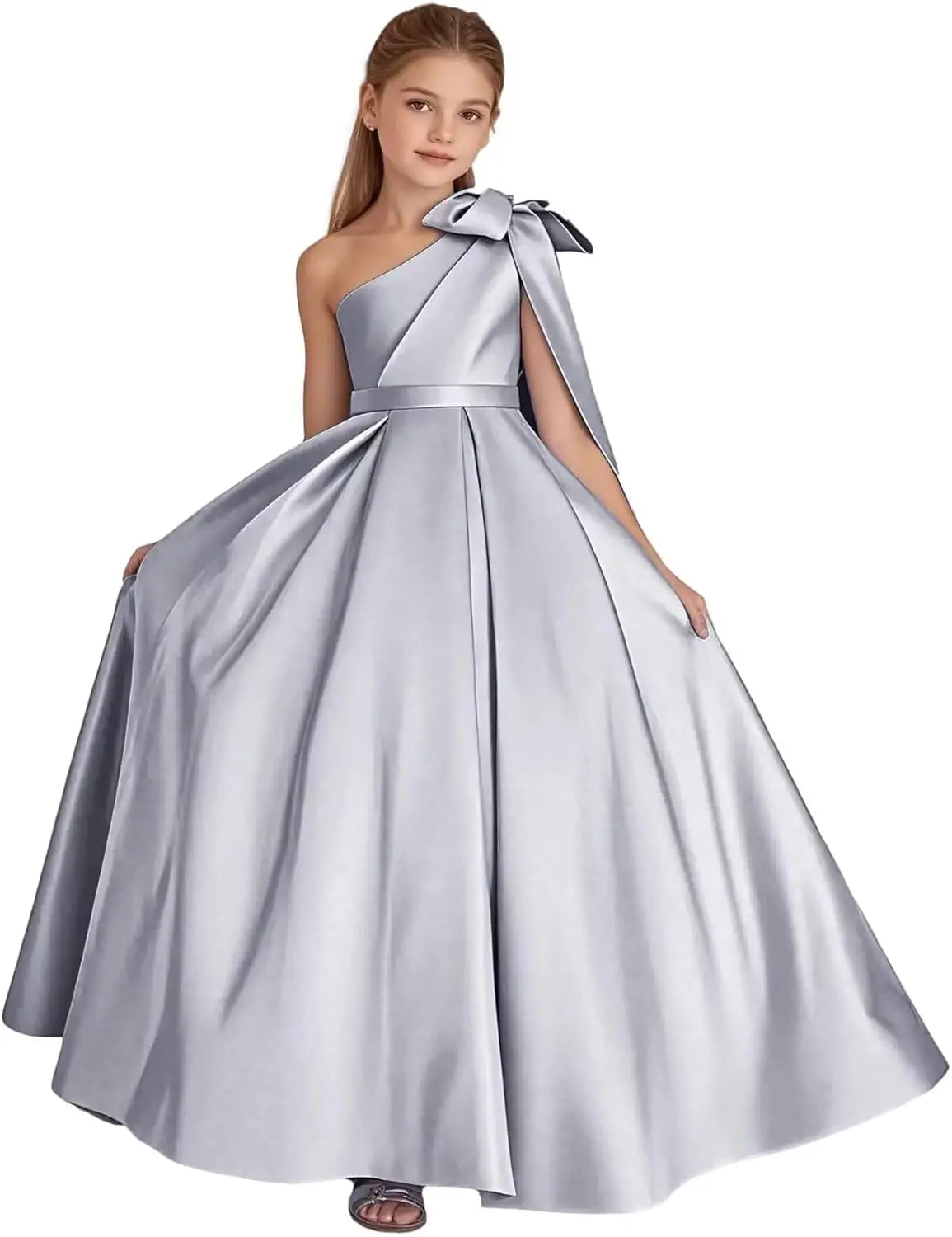 One-Shoulder-Satin-Blumenmädchenkleider, lange Festzugskleider für Mädchen, Ballkleid mit Schleife, Prinzessinnenkleid, Partykleider