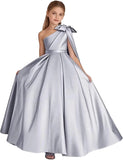 One-Shoulder-Satin-Blumenmädchenkleider, lange Festzugskleider für Mädchen, Ballkleid mit Schleife, Prinzessinnenkleid, Partykleider