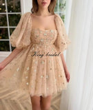 Vestidos de fiesta cortos de tul con estrellas brillantes, hechos a medida, para adolescentes, minivestido de fiesta con estrellas brillantes y mangas abullonadas, vestido formal para club. 