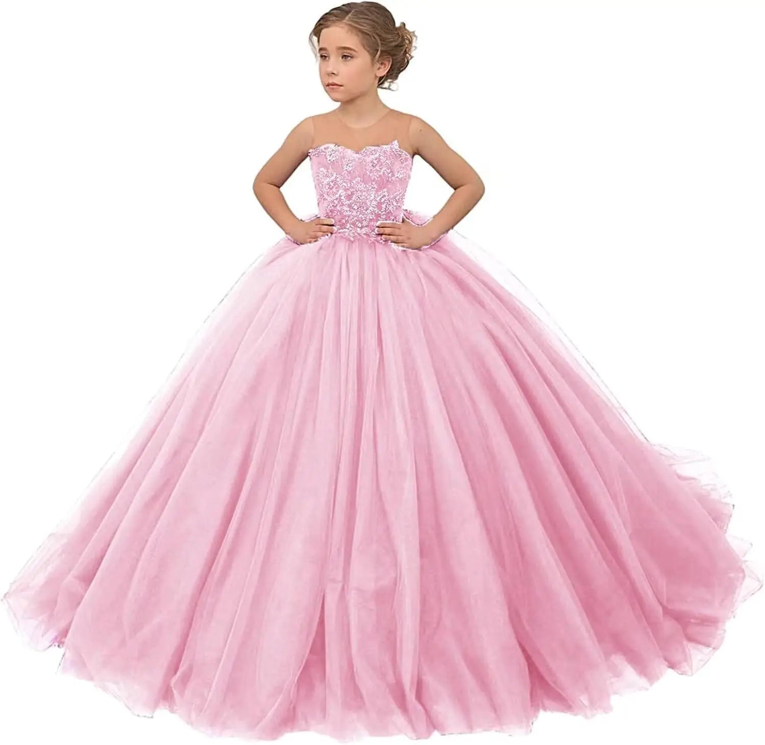 Tulle Flower Girls Dresses Lace Appliques Long Formal Princess Wedding Pageant Ball Gowns for Children