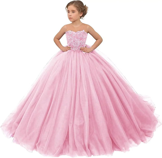 Vestidos de tul para niñas con flores y apliques de encaje, largos, formales, estilo princesa, para bodas, desfiles y bailes infantiles. 