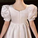 Satin First Communion Dress Flower Girl Dresses for Wedding Pearls Princess Pageant Dress with Bow-Knot