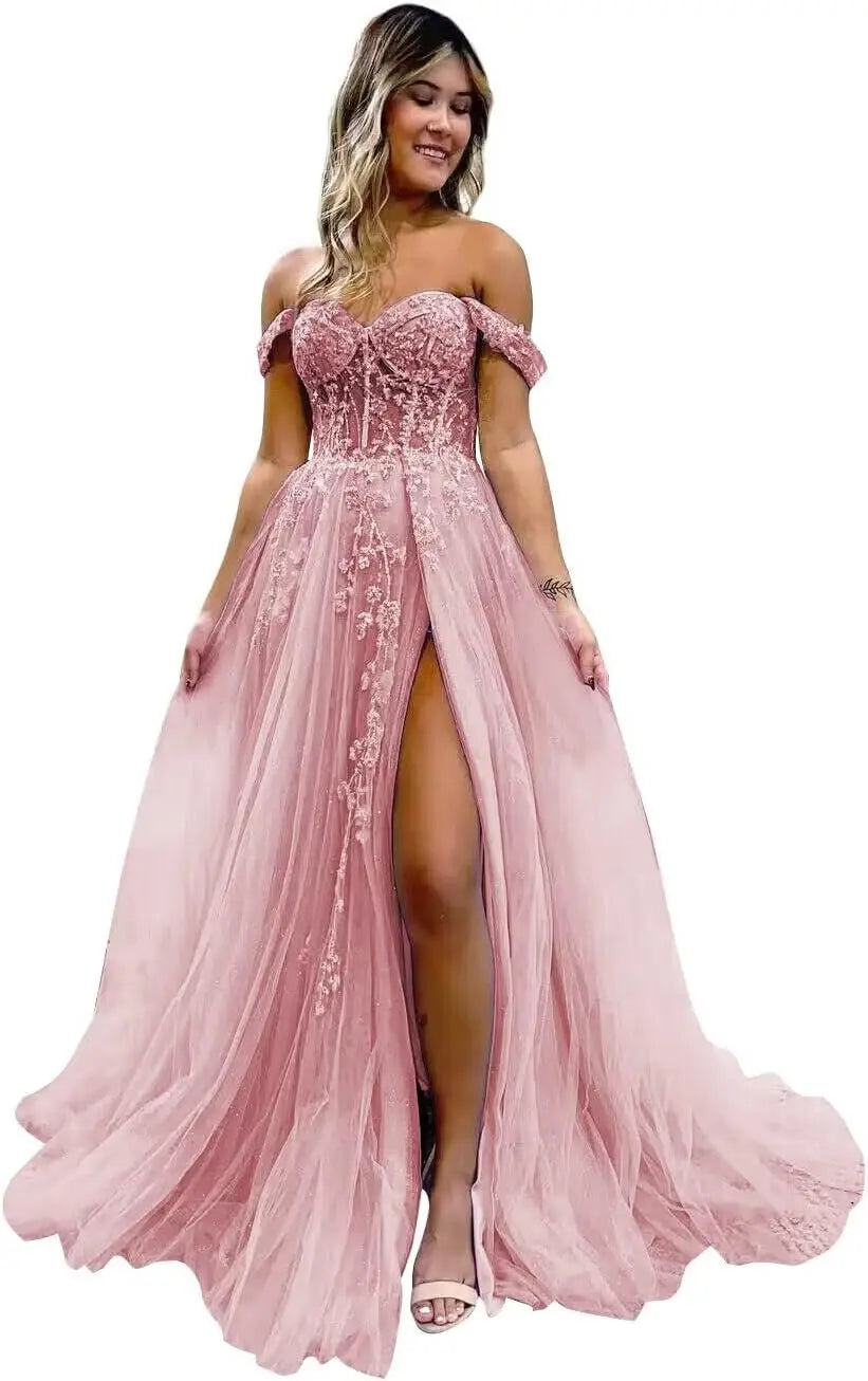 Vestido de fiesta de tul con hombros descubiertos, abertura, apliques de encaje brillante, corsé, vestido formal de fiesta de noche, vestidos de fiesta para mujer, noche 