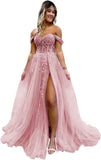 Vestido de fiesta de tul con hombros descubiertos, abertura, apliques de encaje brillante, corsé, vestido formal de fiesta de noche, vestidos de fiesta para mujer, noche 