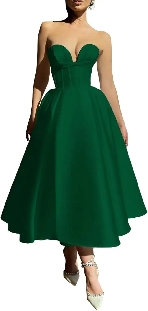 Strapless Prom Dresses 2025 Sweetheart Satin Tea Length Puffy Party Dresses for Women simple wedding dress short wedding dress