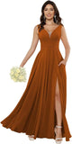 Custom Made Women's Simple Chiffon Bridesmaid Dresses with Pockets Long V Neck Formal Evening Prom Gowns Dresses with Slit