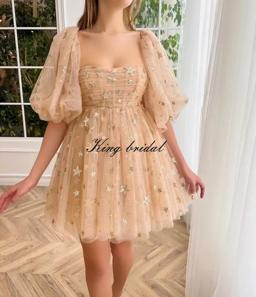 Vestidos de fiesta cortos de tul con estrellas brillantes, hechos a medida, para adolescentes, minivestido de fiesta con estrellas brillantes y mangas abullonadas, vestido formal para club. 