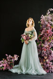 Sage green tulle wedding gown with detachable long puff sleeves Alternative full bridal dress party formal dress women evening
