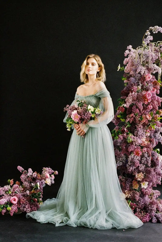 Vestido de novia de tul verde salvia con mangas largas abullonadas desmontables. Vestido de novia alternativo completo, vestido formal de fiesta para mujer, noche. 