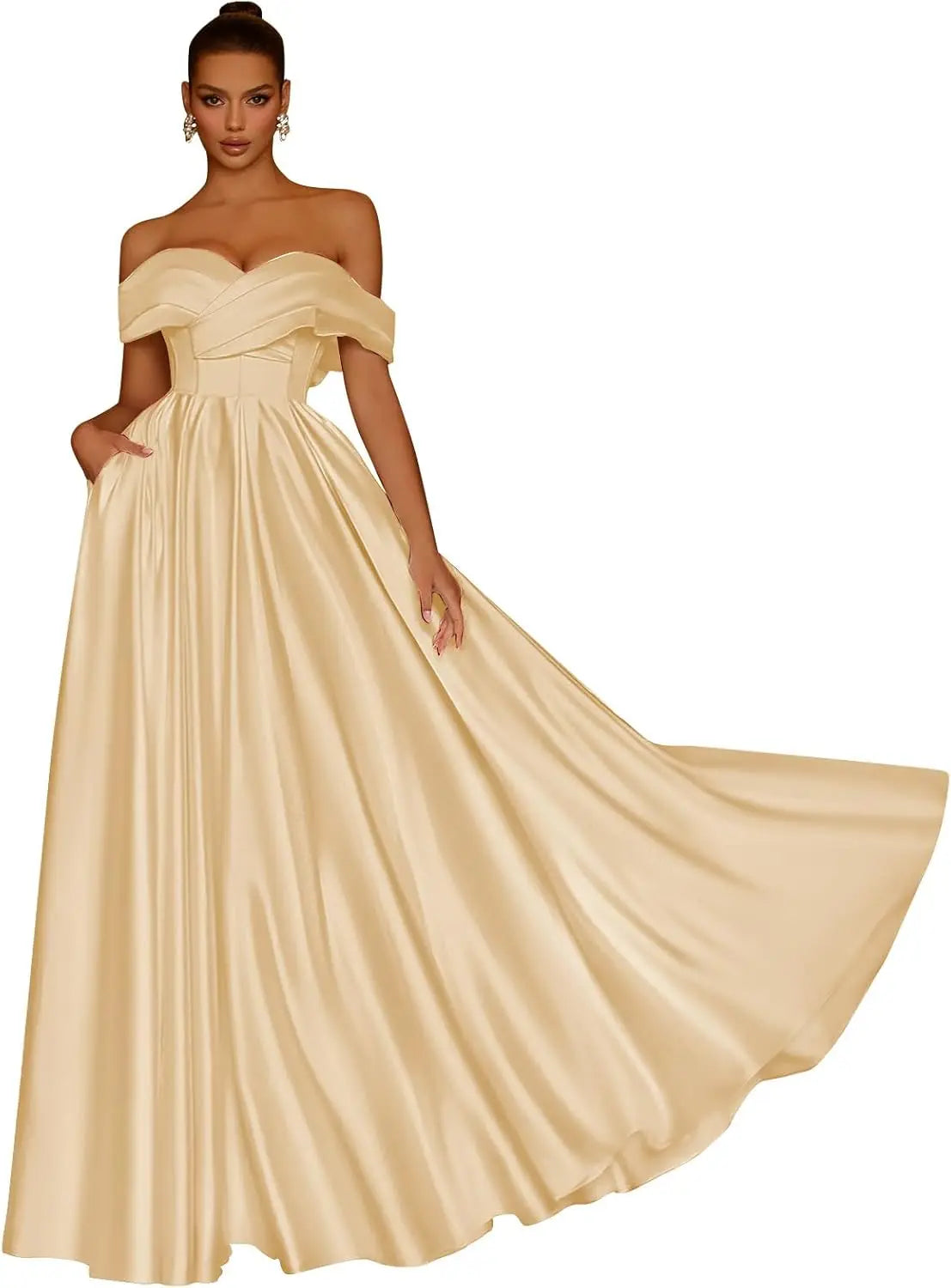 Damen Schulterfreies Satin-Ballkleid, lang, V-Ausschnitt, A-Linie, formelles Abendkleid mit Taschen, Ballkleid 