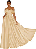 Damen Schulterfreies Satin-Ballkleid, lang, V-Ausschnitt, A-Linie, formelles Abendkleid mit Taschen, Ballkleid 