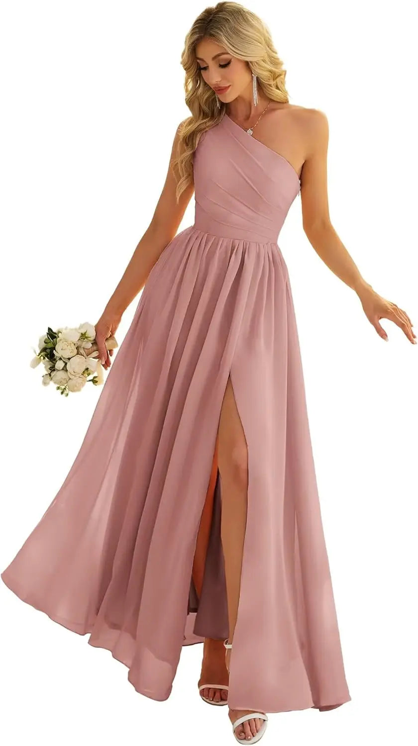 Women's One Shoulder Bridesmaid Dresses for Wedding Chiffon Side Split Reched Formal Evening Dress Sleeveless