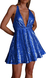 Vestido de lentejuelas para mujer, con tirantes finos, sexy, escote en V profundo, sin espalda, con purpurina, para fiesta, club, estilo patinador, minivestido de cóctel 