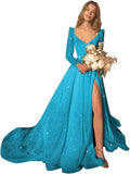 Glitter Prom Dresses Simple Long Sleeve Wedding Dresses for Bride A Line Princess Ball Gown with Slit simple wedding dress