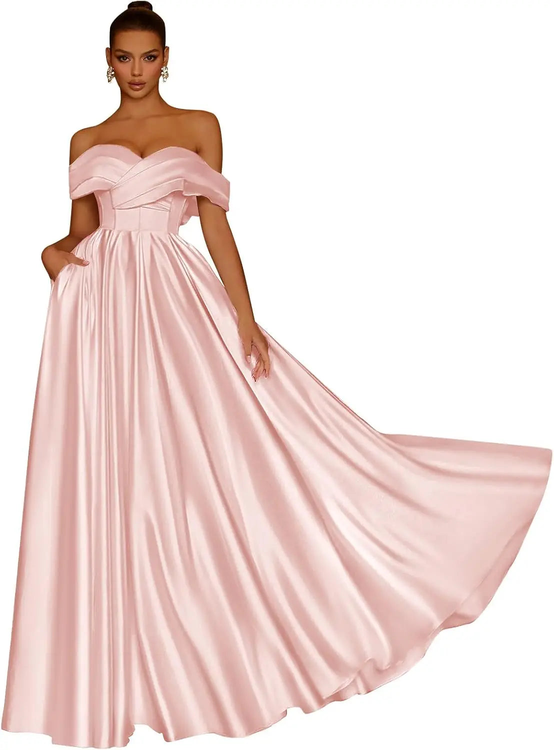 Damen Schulterfreies Satin-Ballkleid, lang, V-Ausschnitt, A-Linie, formelles Abendkleid mit Taschen, Ballkleid 