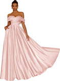 Damen Schulterfreies Satin-Ballkleid, lang, V-Ausschnitt, A-Linie, formelles Abendkleid mit Taschen, Ballkleid 