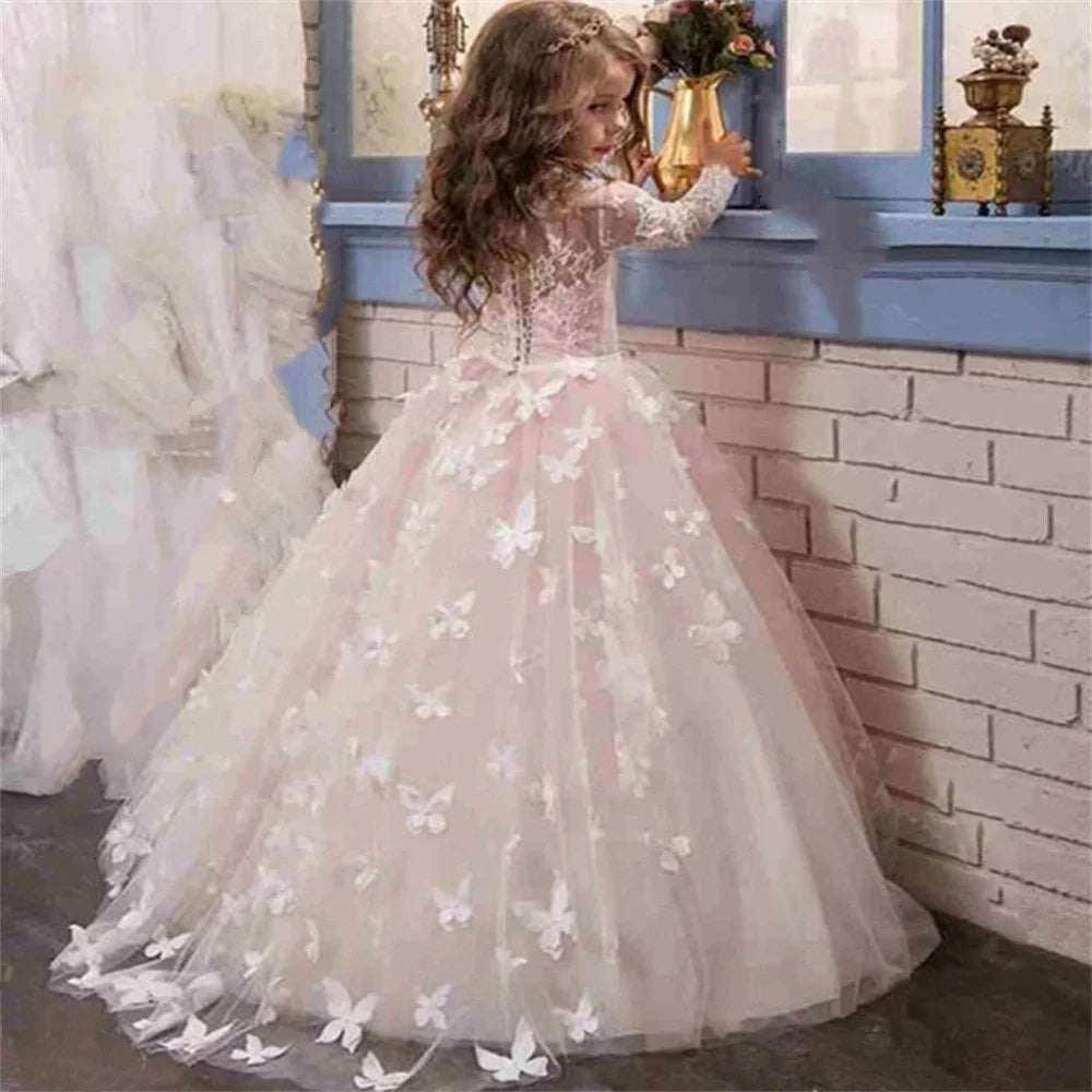 Butterfly Lace Appliques Long Sleeve Flower Girl Dress for Wedding Birthday Ball Gown First Holy Communion Celebration Dresses