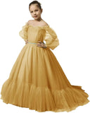 Vestidos de niña de las flores con mangas abullonadas para boda, vestidos de desfile de tul con hombros descubiertos, vestido de línea A para niña pequeña con cinturón, vestido para niña bebé 