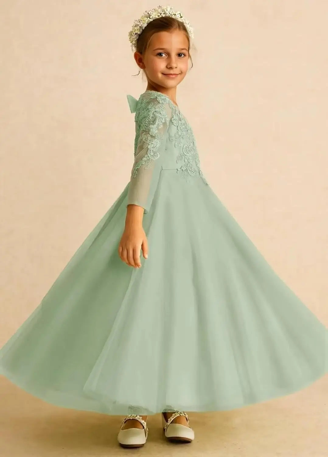 Tulle Lace Appliques Flower Girl Dresses for Wedding Long Sleeve Pageant Dress First Communion Dresses for Girls