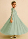 Tulle Lace Appliques Flower Girl Dresses for Wedding Long Sleeve Pageant Dress First Communion Dresses for Girls